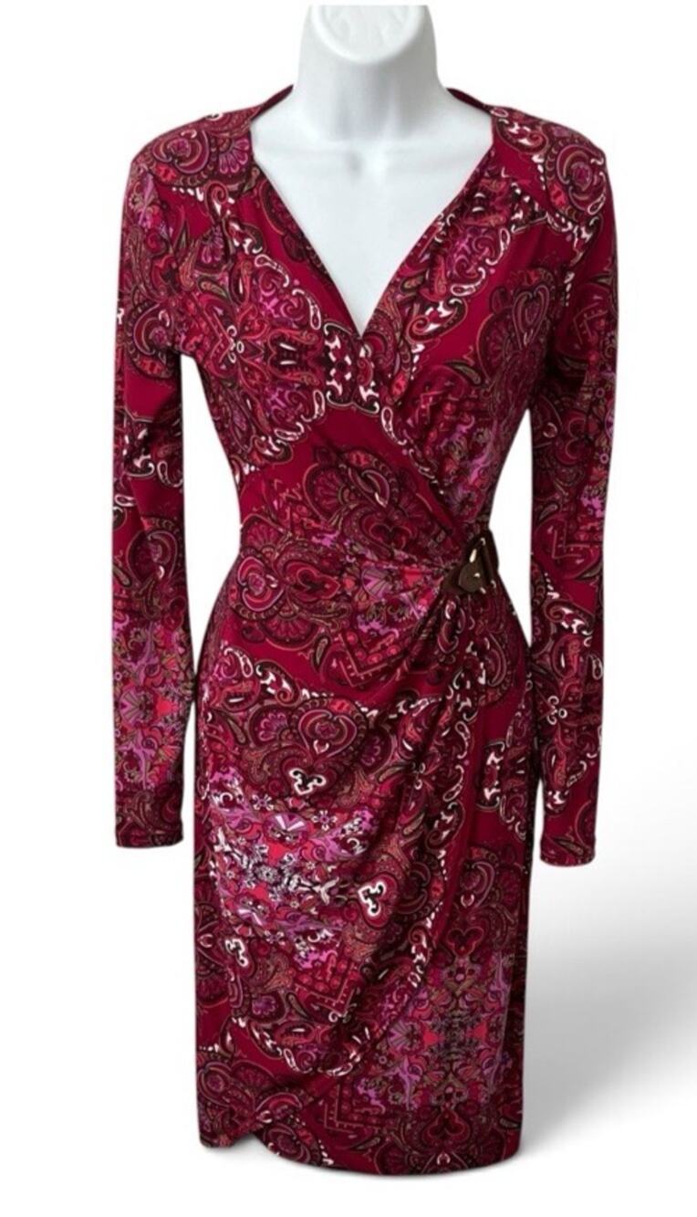 Cache Faux Wrap Dress XS Cinched Buckle Knee Length Wine Paisley Jersey Stretch